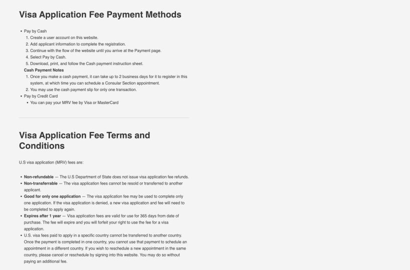 Official Canada U.S. visa payment page showing cash and credit card methods and fee conditions