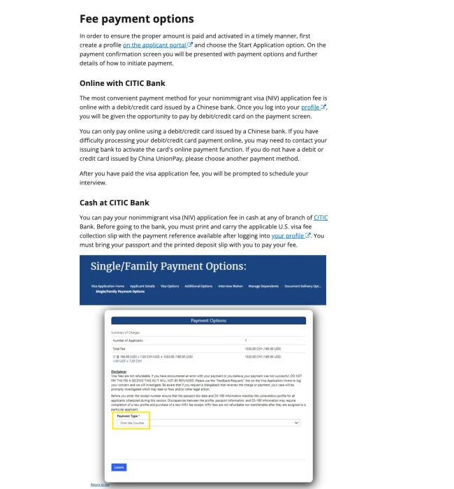 Official mainland China U.S. visa payment page showing online CITIC Bank card and cash options