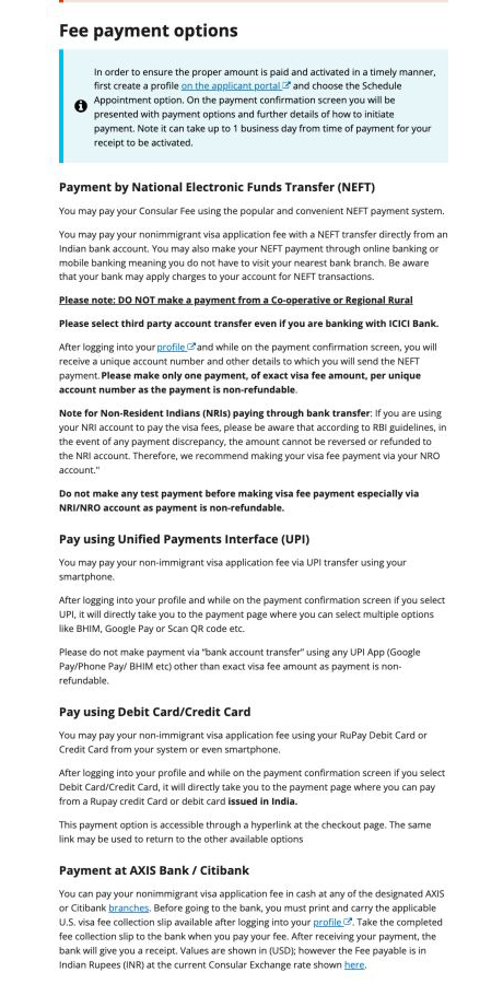 Official India U.S. visa payment page showing NEFT, UPI, RuPay card, and AXIS/Citibank cash options