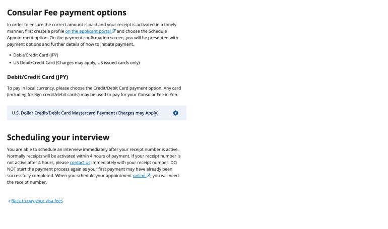 Official Japan U.S. visa payment page showing card options and receipt activation guidance