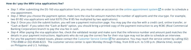 Official Philippines U.S. visa payment instructions showing RCBC cash, QRPH mobile payment, and card options